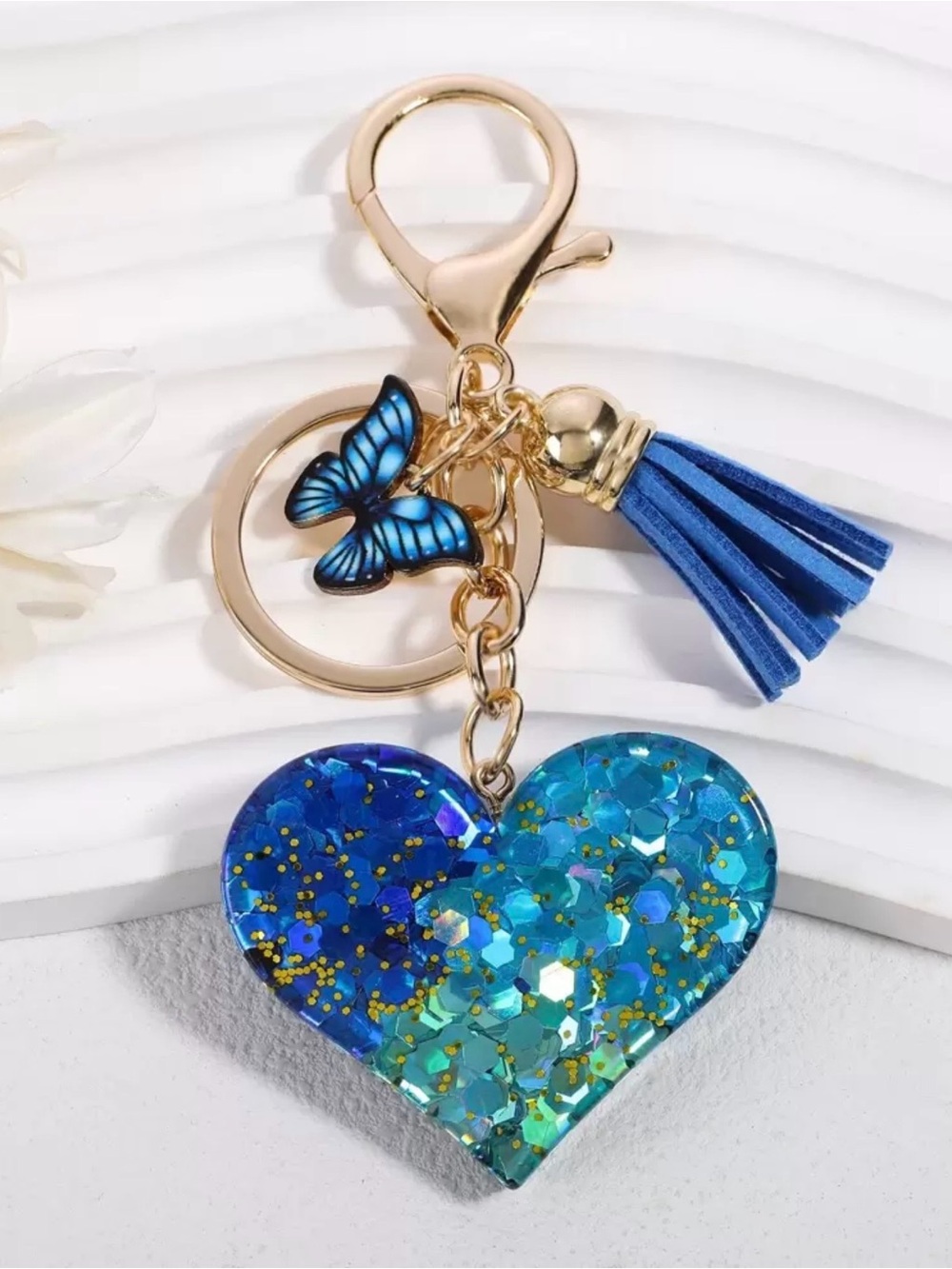 Blue Glitter Heart Tassel Keychain/ bag charm with Butterfly.